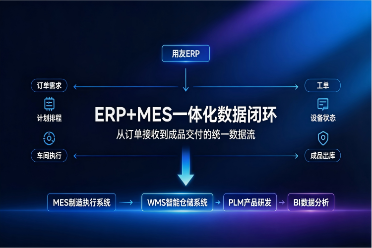 电子厂ERP+MES服务商评测：以用友ERP为主干、自研MES/WMS为增强的全链路服务架构图