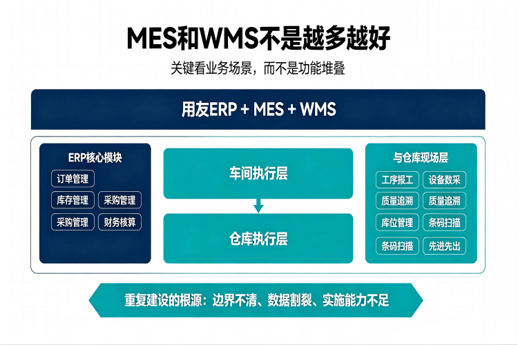 用友ERP用户MES和WMS选型指南:ERP管计划与账务、MES管车间执行、WMS管仓库现场的分工关系图