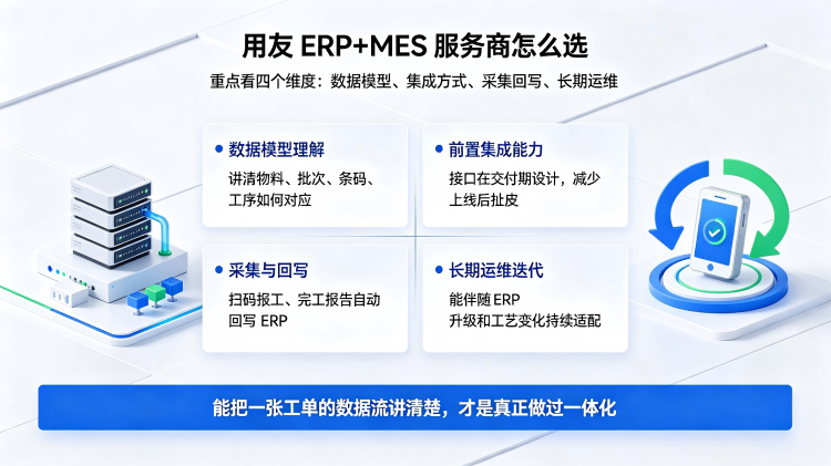 评估用友ERP+MES服务商的4个维度:数据模型理解深度、前置集成能力、现场采集与回写、长期运维迭代
